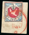 Stamp of Switzerland / Schweiz » Kantonalmarken » Basel 1845, Basler Taube in der lebhaftblauen Nuance, 1. Auflage, entwertet mit rotem Zweikreisstempel Basel