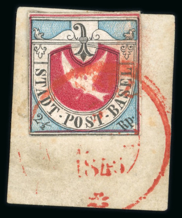 Stamp of Switzerland / Schweiz » Kantonalmarken » Basel 1845, Basler Taube in der lebhaftblauen Nuance, 1. Auflage, entwertet mit rotem Zweikreisstempel Basel