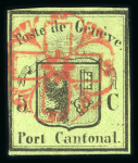 Stamp of Switzerland / Schweiz » Kantonalmarken » Genf 1845, kleiner Adler,  klar, kontrastvoll und zentrisch entwertet mit voll aufgesetzter roter Genfer Rosette (AW2)