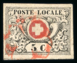 Stamp of Switzerland / Schweiz » "Waadt", "Neuenburg", "Winterthur" 1859, Waadt 5, zart entwertet mit roter Genfer Rosette