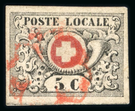 Stamp of Switzerland / Schweiz » "Waadt", "Neuenburg", "Winterthur" 1859, Waadt 5, zart entwertet mit roter Genfer Rosette