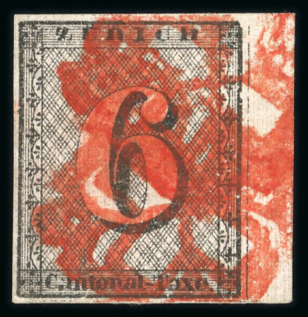 Stamp of Switzerland / Schweiz » Kantonalmarken » Zürich 1843, Zürich 6, Type V, 10. Marke des Bogens, mit senkrechten Unterdrucklinien, kraftvoll entwertet mit doppelt aufgeschlagener roter Zürcher Rosette (AW1)