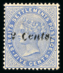 Stamp of Malaysia » Straits Settlements 1887 2c on 5c blue surcharge double mint