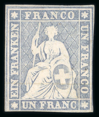 Stamp of Switzerland / Schweiz » Sitzende Helvetia Ungezähnt » 1856-57 Berner Druck (II) 1857, 1 Fr. grau, 2. Berner Druckperiode auf stärkefreiem Papier, ungebraucht ohne Gummi