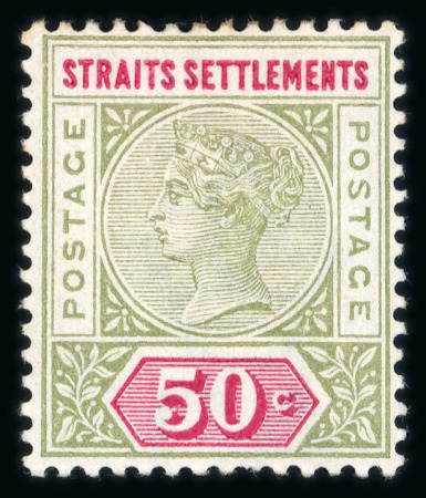 Stamp of Malaysia » Straits Settlements 1892-99 50c olive-green and carmine mint showing repaired "S" in "POSTAGE"