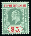 Stamp of Malaysia » Straits Settlements 1906-12 Wmk Multi CA $5 green and red on yellow mint with watermark inverted