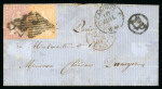 Stamp of Switzerland / Schweiz » Sitzende Helvetia Ungezähnt » 1854-55 Berner Druck (I) 1856, 15 Rp. rot, zusammen mit 20 Rp. orange, je 1. Berner Druckperiode, auf Brief von Carouge nach Paris, je entwertet mir schwarzer eidgenössischer Raute und Taxzahl « 5 Cts. »
