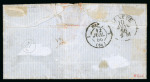 Stamp of Switzerland / Schweiz » Sitzende Helvetia Ungezähnt » 1854-55 Berner Druck (I) 1856, 15 Rp. rot, zusammen mit 20 Rp. orange, je 1. Berner Druckperiode, auf Brief von Carouge nach Paris, je entwertet mir schwarzer eidgenössischer Raute und Taxzahl « 5 Cts. »