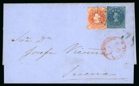 Stamp of Chile 1861 10c deep blue, Third London Printing by Perkins, with 1861 Estancos 5c red tied to cover by fine "Dotted Star in Circle" handstamps of SANTIAGO