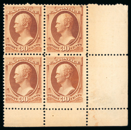 Stamp of United States » 1879-93 Bank Notes Issue -American Bank Note 1887 30c orange-brown mint n.h. corner marginal block of four