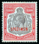 Stamp of Malaysia » Straits Settlements 1912-23 KGV Wmk Mult Crown CA $100 overprinted SPECIMEN