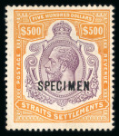 Stamp of Malaysia » Straits Settlements 1921-33 Wmk Mult Script CA $500 overprinted SPECIMEN