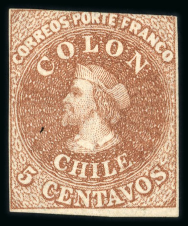 Stamp of Chile 1854 5c chocolate brown, lithographed by Gillet, unused