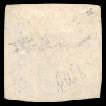 Stamp of Romania » 1858 Moldavian Bull's (21 July) Handstruck at Jassy on wove paper (81pa.) or laid paper (other values). 1858 108 Parale, blue on laid pale pink paper, clear