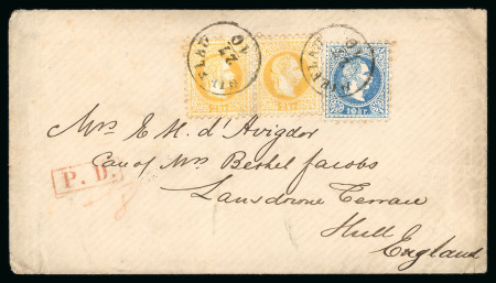 Stamp of Austria » 1867 Issue Austria 1867 Envelope franked coarse printing 2Kr yellow (pair) + 10Kr blue bearing HIEFLAU cds to Hull/England