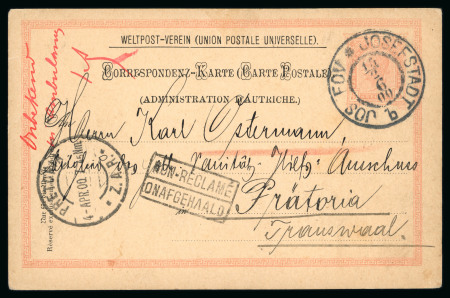 Stamp of Austria » 1890-1918 Issues  1900, Postal stationery card 5Kr black/red from JOSEFOV (Bohemia) to Pretoria (Transvaal) with boxed NON RECLAMÉ cachet