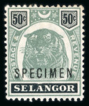 Stamp of Malaysia » Malaysian States » Selangor 1895-99 50c Tiger showing variety dented frame variety and overprinted "SPECIMEN"