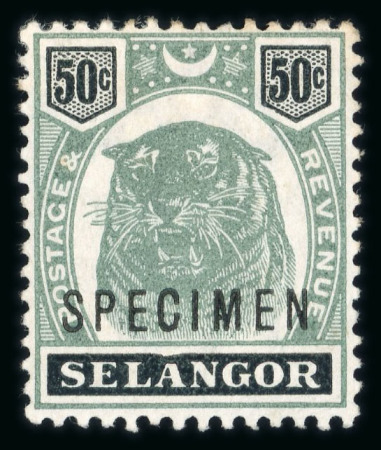 Stamp of Malaysia » Malaysian States » Selangor 1895-99 50c Tiger showing variety dented frame variety and overprinted "SPECIMEN"
