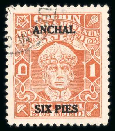 Stamp of Indian States » Cochin 1942-44 6p on 1a (Type 23). Very fine used hinged (S.G.