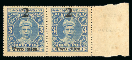 Stamp of Indian States » Cochin 1922-29 2p on 3p Blue. "Pies" for pies (R4/8) Perf