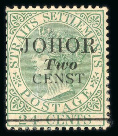 Stamp of Malaysia » Malaysian States » Johor 1891 2c on 24c green type 17 showing variety "CENST", mint