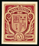 Stamp of Mauritius » 1900-05 Arms Issue (SG 138-155) 1908 3r. Arms essay, deeply engraved in maroon on varnished