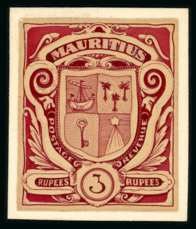 Stamp of Mauritius » 1900-05 Arms Issue (SG 138-155) 1908 3r. Arms essay, deeply engraved in maroon on varnished