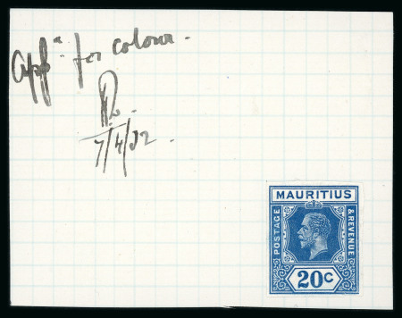 Stamp of Mauritius » Later Issues 1932 20c. Die I imperforate colour trial in Prussian blue, affixed to piece