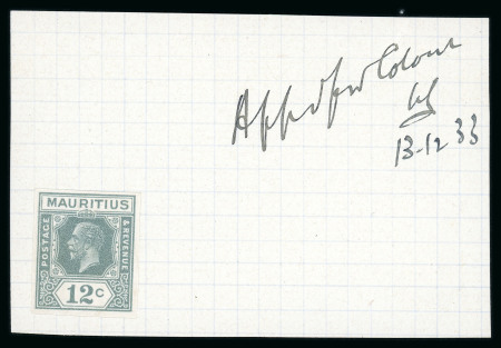 Stamp of Mauritius » Later Issues 1934 12c. Type B imperforate colour trial in grey, affixed to piece
