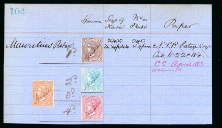 Stamp of Mauritius » 1860-72 De La Rue Issues (SG 46-72) 1863-72 1d. purple-brown, 2d. pale blue, 3d. dull red and 4d. rose affixed to part of a page from the De La Rue day book
