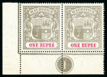 Stamp of Mauritius » 1900-05 Arms Issue (SG 138-155) 1900-05 1r. grey-black and carmine corner marginal pair from the lower left of the sheet showing plate number "1", variety watermark inverted