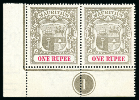 Stamp of Mauritius » 1900-05 Arms Issue (SG 138-155) 1900-05 1r. grey-black and carmine corner marginal pair from the lower left of the sheet showing plate number "1", variety watermark inverted