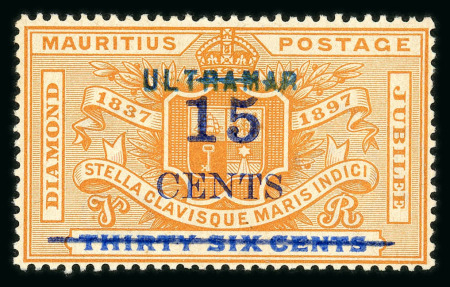 Stamp of Mauritius » 1883-91 Surcharges, Arms & Jubilee Issues (SG 112-35, 137) 15c. on 36c. orange and ultramarine handstamped "ultramar"