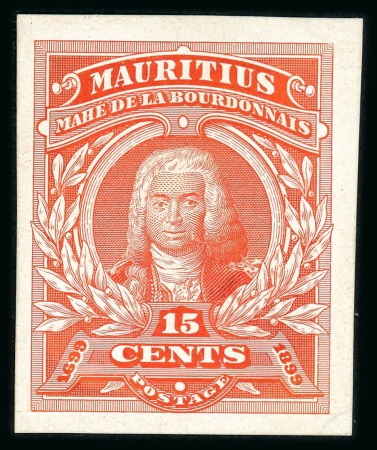 Stamp of Mauritius » 1899 Birth Bicentenary of la Bourdonnais (SG 136) 1899 (13 Dec.) Mahé de la Bourdonnais 15c. die proof in vermilion plus SPECIMEN