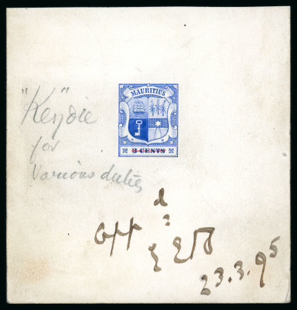 Stamp of Mauritius » 1883-91 Surcharges, Arms & Jubilee Issues (SG 112-35, 137) 1895 Arms hand painted essay of the low value format in blue showing "3 cents" value crossed through in red