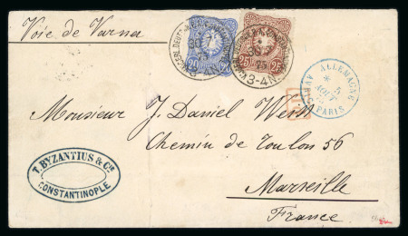 Stamp of Germany » German Foreign Offices » German Post in Turkey 1875 Bulgaria German Empire Envelope from Dt.P.A. CONSTANTINOPEL franked Pfennige issue 20Pf + 25Pf with ms "Voie de Varna" to Marseille