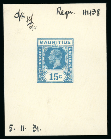 Stamp of Mauritius » Later Issues 1931 15c. imperforate colour trial in blue, on glazed paper, marked "ok 6/11" and dated "5.11.31"
