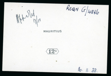 Stamp of Mauritius » Later Issues 1933 12c. De La Rue die proof of the value tablet and name in black on glazed card