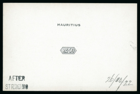 Stamp of Mauritius » Later Issues 1922 2r50c. De La Rue die proof of the value tablet and name in black on glazed card