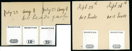 Stamp of Mauritius » Later Issues 1923 5c. 12c., 25c. 50c. and 1r. stamp size die proofs of the value tablet and name in black, on glazed card mounted on two De La Rue striking book pieces