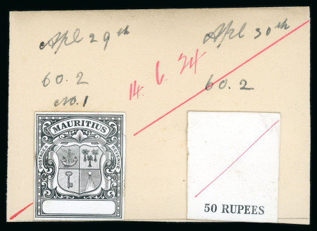 Stamp of Mauritius » 1900-05 Arms Issue (SG 138-155) 1900-05 Arms issue, striking book piece with stamp size master die proof with blank value tablet and stamp size proof of the value tablet