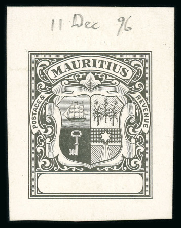 Stamp of Mauritius » Later Issues 1921-26 Arms issue, 50 Rupees, stamp size master die proof with blank value tablet in black on glazed card