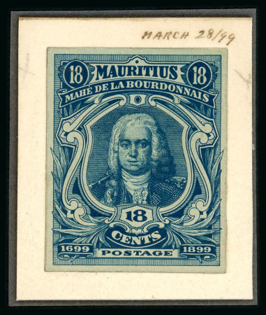 Stamp of Mauritius » 1899 Birth Bicentenary of la Bourdonnais (SG 136) 1899 (13 Dec.) Mahé de la Bourdonnais, two 15c. De La Rue copper plate stamp size composite essays
