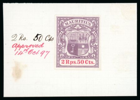 Stamp of Mauritius » 1900-05 Arms Issue (SG 138-155) 1900-05 Arms issue, 7 large arms imperforate colour trials in various denominations and colours each affixed to single piece of De La Rue appendix sheet,