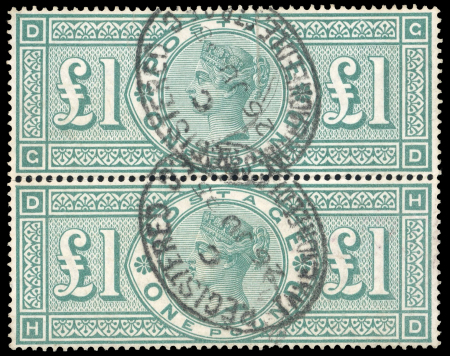 Stamp of Great Britain » 1855-1900 Surface Printed » 1887-1900 Jubilee Issue & 1891 £1 Green 1887-92 £1 green in used vertical pair