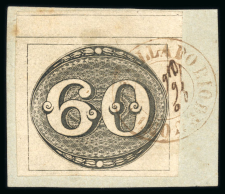 Stamp of Brazil » 1843 Bull's Eyes 1843 60r very wide-margined example showing dividing lines at top, on small piece tied by small circular red "VILLA DO RIO DE CONTAS"