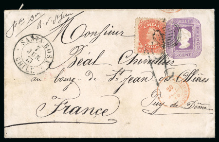 Stamp of Chile 1875 5c violet stationary uprated with 5 centavos red