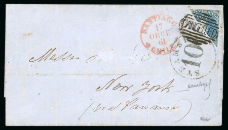 Stamp of Chile Chile 1861-62 10c blue Perkins Bacon, diagonally bisected example, lower left half, paying the internal rate of letter Santiago to New York
