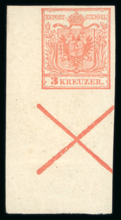 Stamp of Austria » 1850 Issue 1850-54 3kr red, machine paper type IIIa, mint o.g. lower left corner marginal with St. Andrew's cross below
