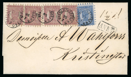 Stamp of Finland 1866 5p red-brown on lilac, roulette III, tête-bêche pair, on an 1869 (Jul 26) entire from Helsinki to Kristenestad